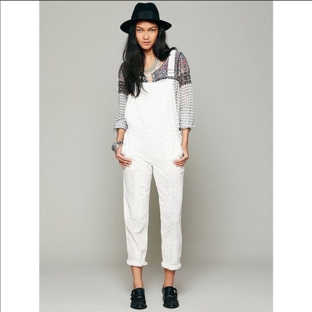 free people linen eyelet overalls